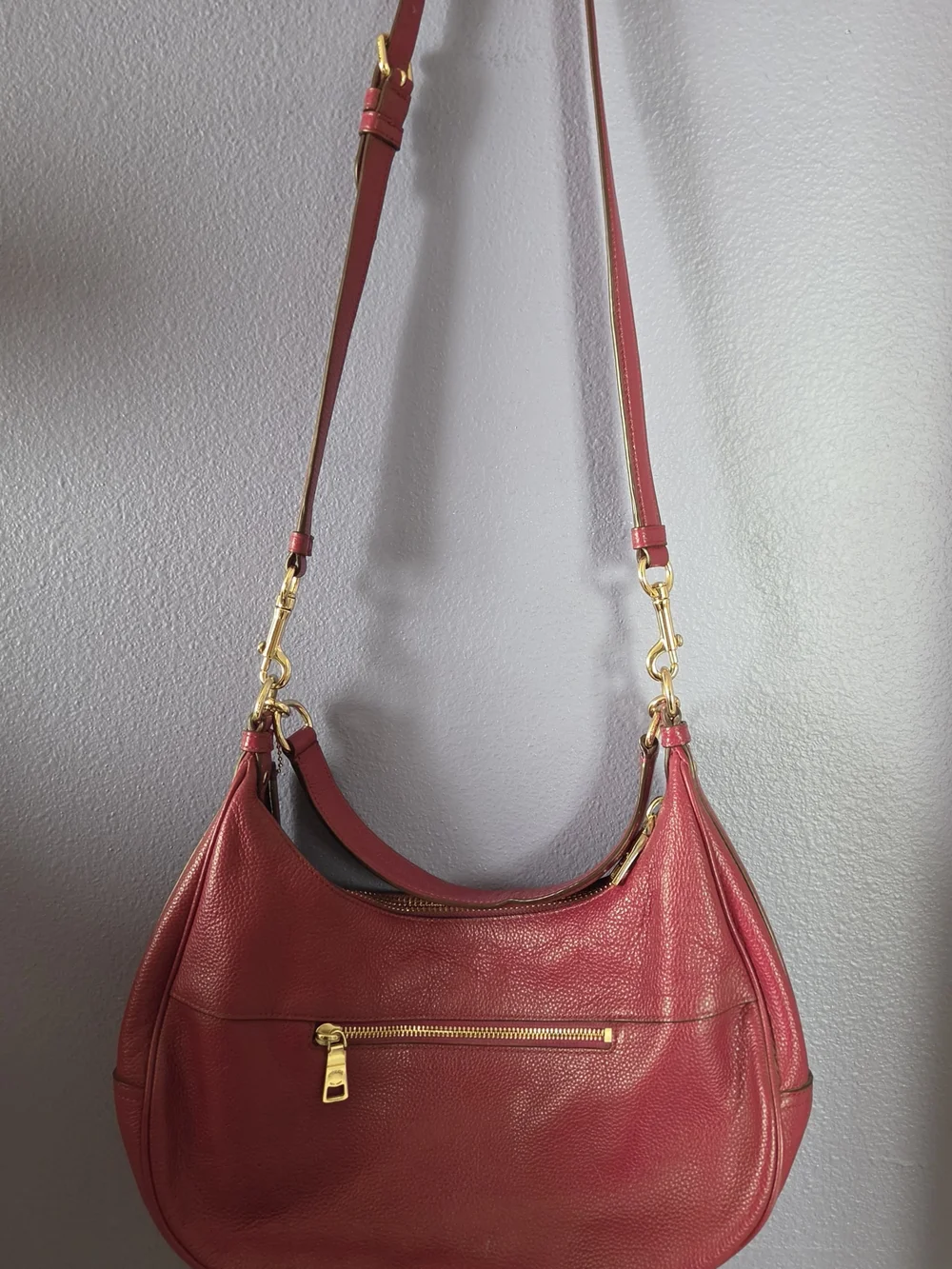 Coach Pebbled Leather Hobo in Berry Red with Gold Hardware